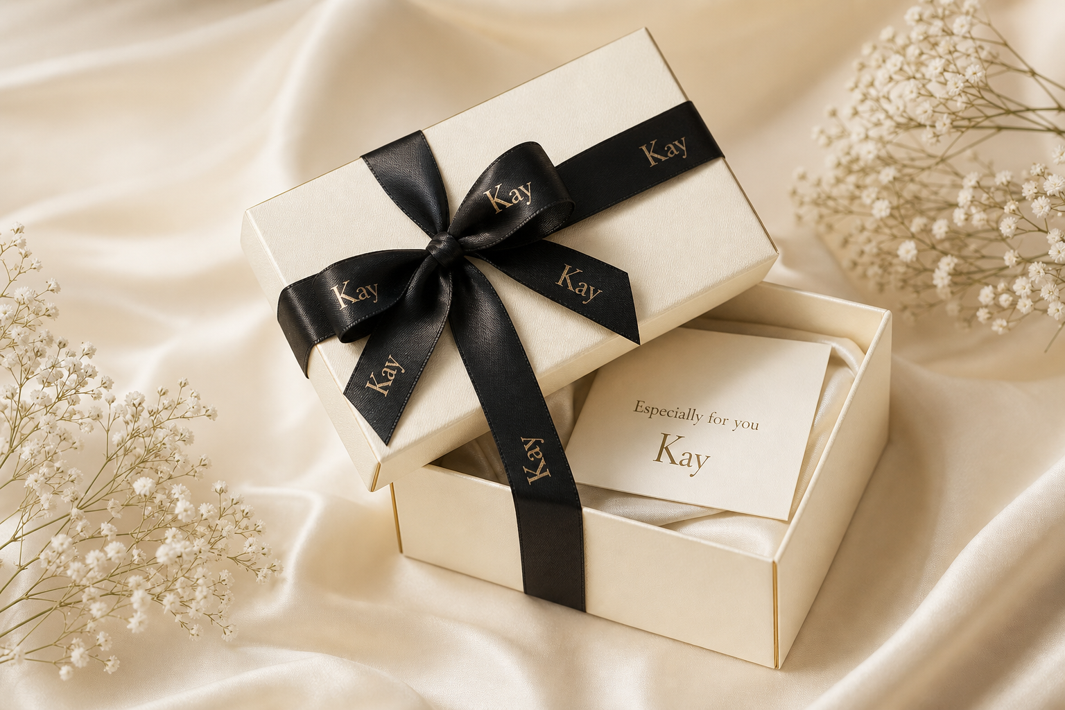 Kay luxury gift box with branded ribbon on cream silk